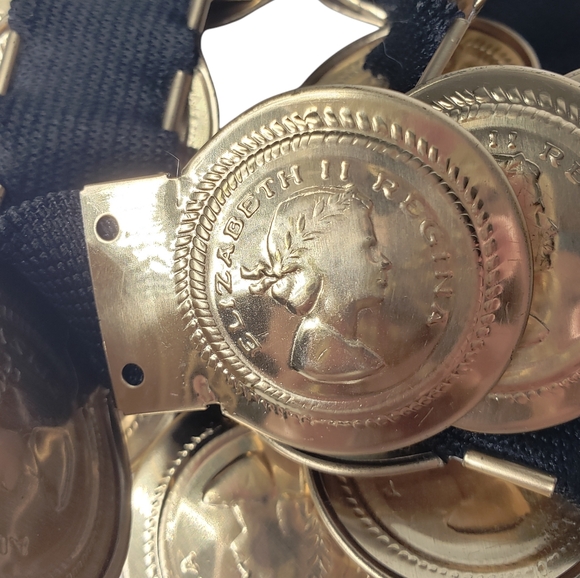 Queen Regina Elizabeth 2nd Stretch Gold Comerotive Coin Elastic Belt 24+" Vtg - Picture 1 of 6